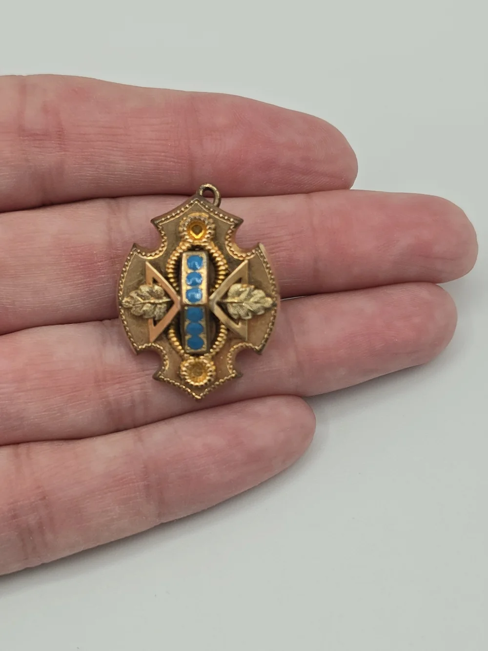 Antique Victorian Watch Chain Slide Etruscan Revival Blue Enamel Gilt 1-1/8